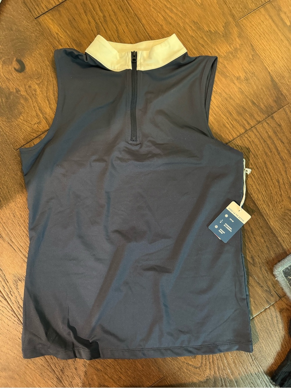 Tommy Bahama Navy Sleeveless Zip Mock Neck Top with Cream Tag